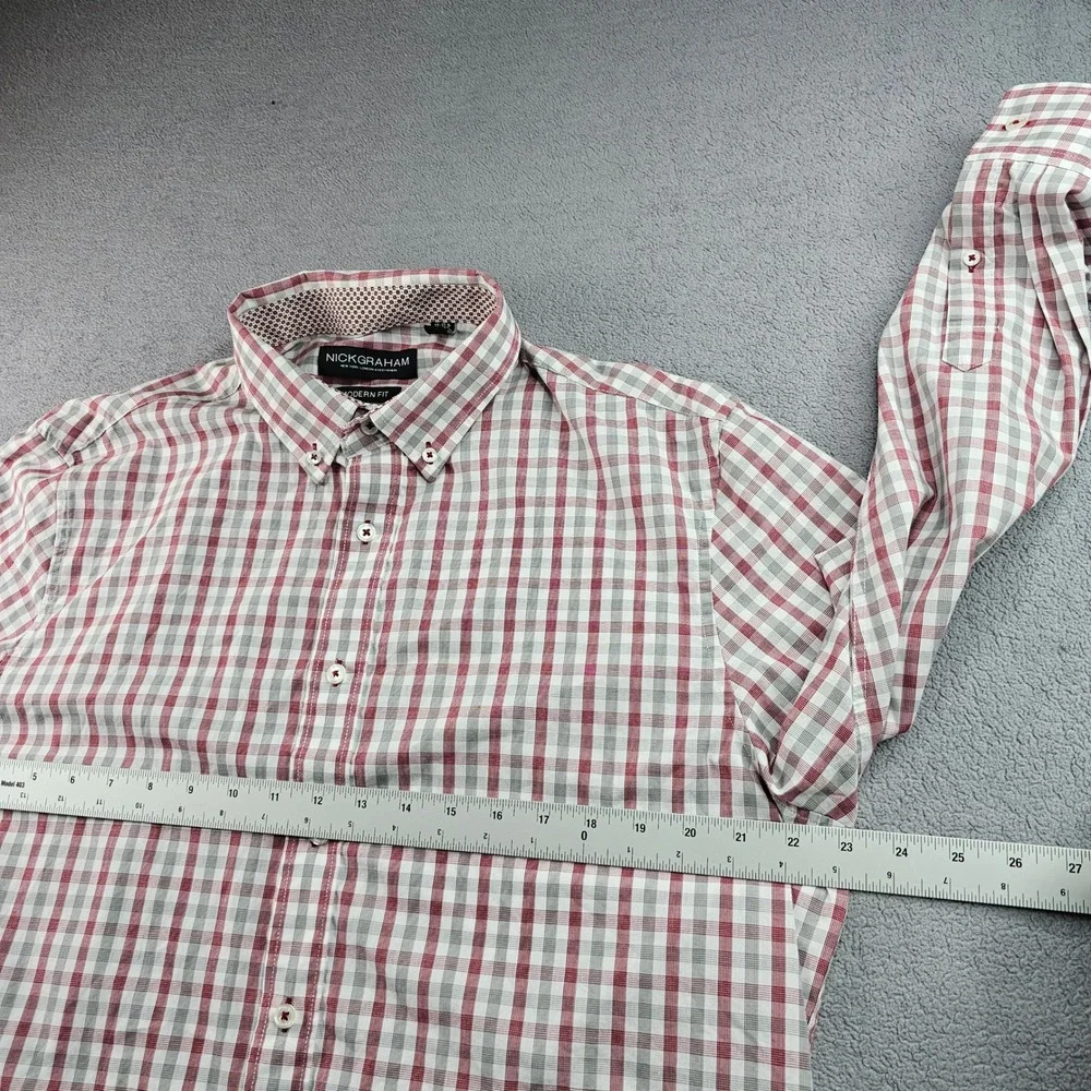 Nick Graham Dress Shirt Men's L Red Gray Gingham Modern Fit Collared Button Down
